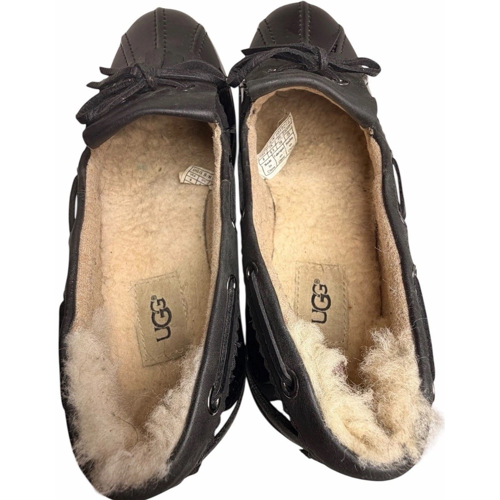 UGG Haylie Duck Shoes Black Patent Leather Suede Kiltie Tassel Loafers Womens 8 - Picture 6 of 11